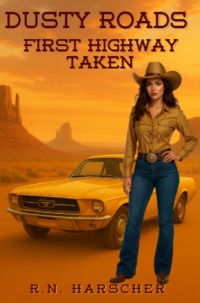 A woman in a cowboy hat stands beside a yellow vintage Mustang in a golden desert landscape with towering rock formations behind her.