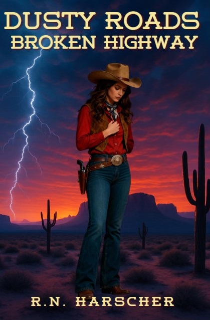 A woman in a cowboy hat stands in a desert at sunset with lightning striking in the sky behind her, surrounded by tall saguaro cacti.